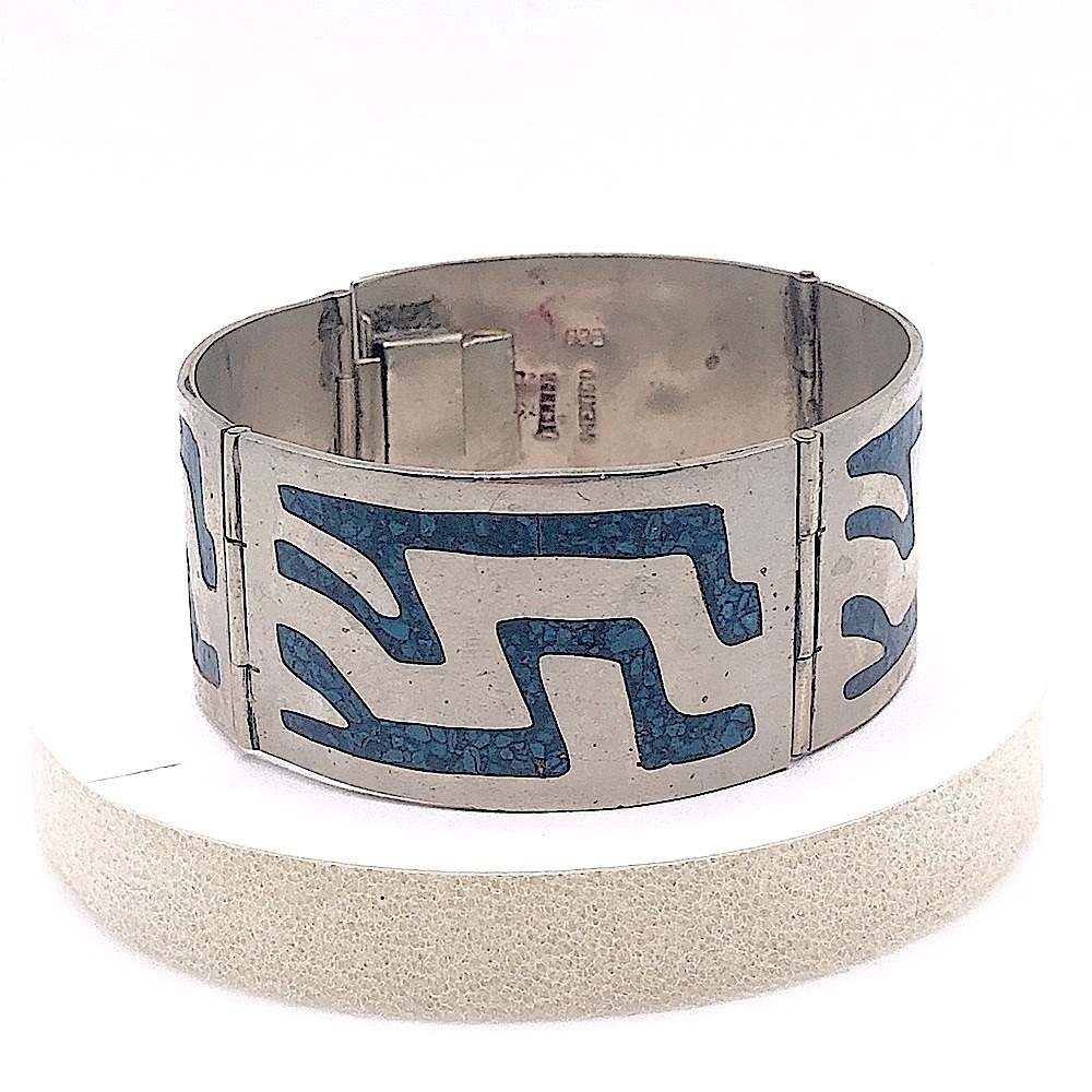 Vtg Sterling & Crushed Turquoise Inlay Inlaid Large Wide Panel Bracelet 7” / 46g